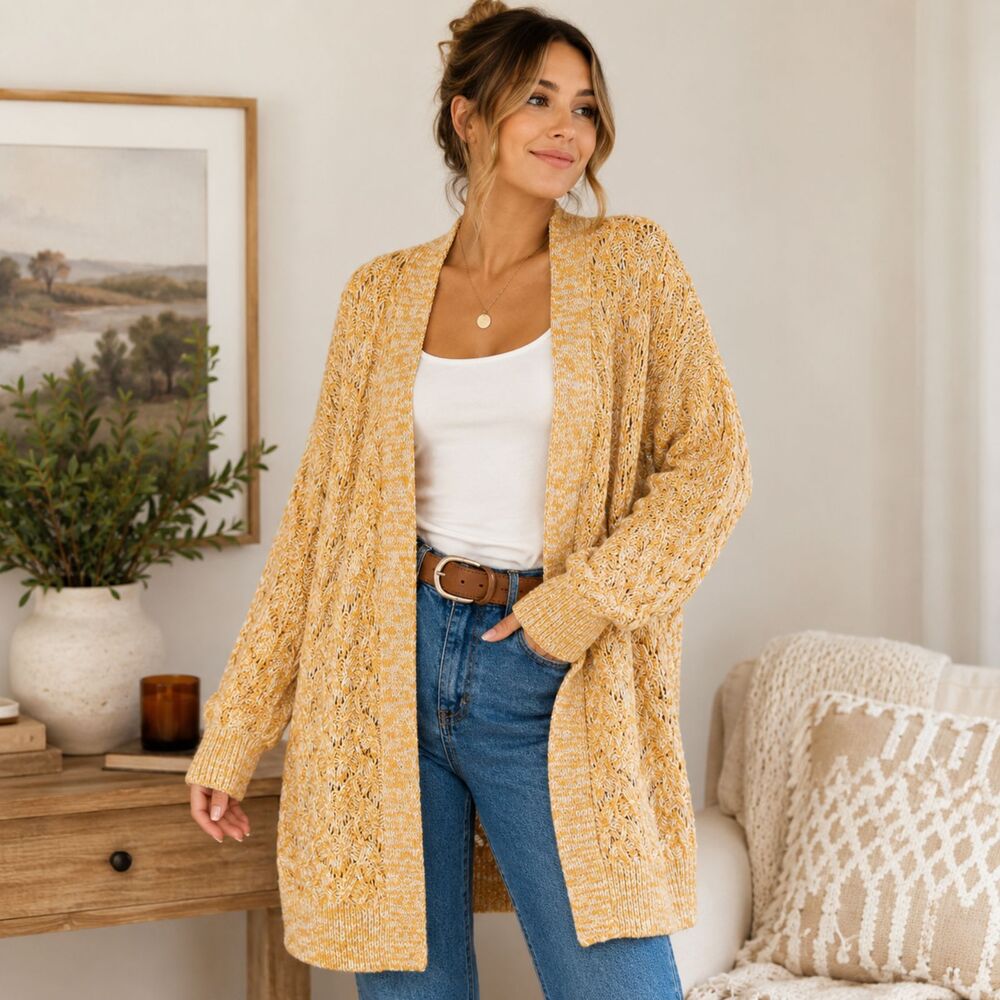 Lauren Conrad Cardigan XL Mustard Cream Open Knit Longline Boho Chunky Sweater